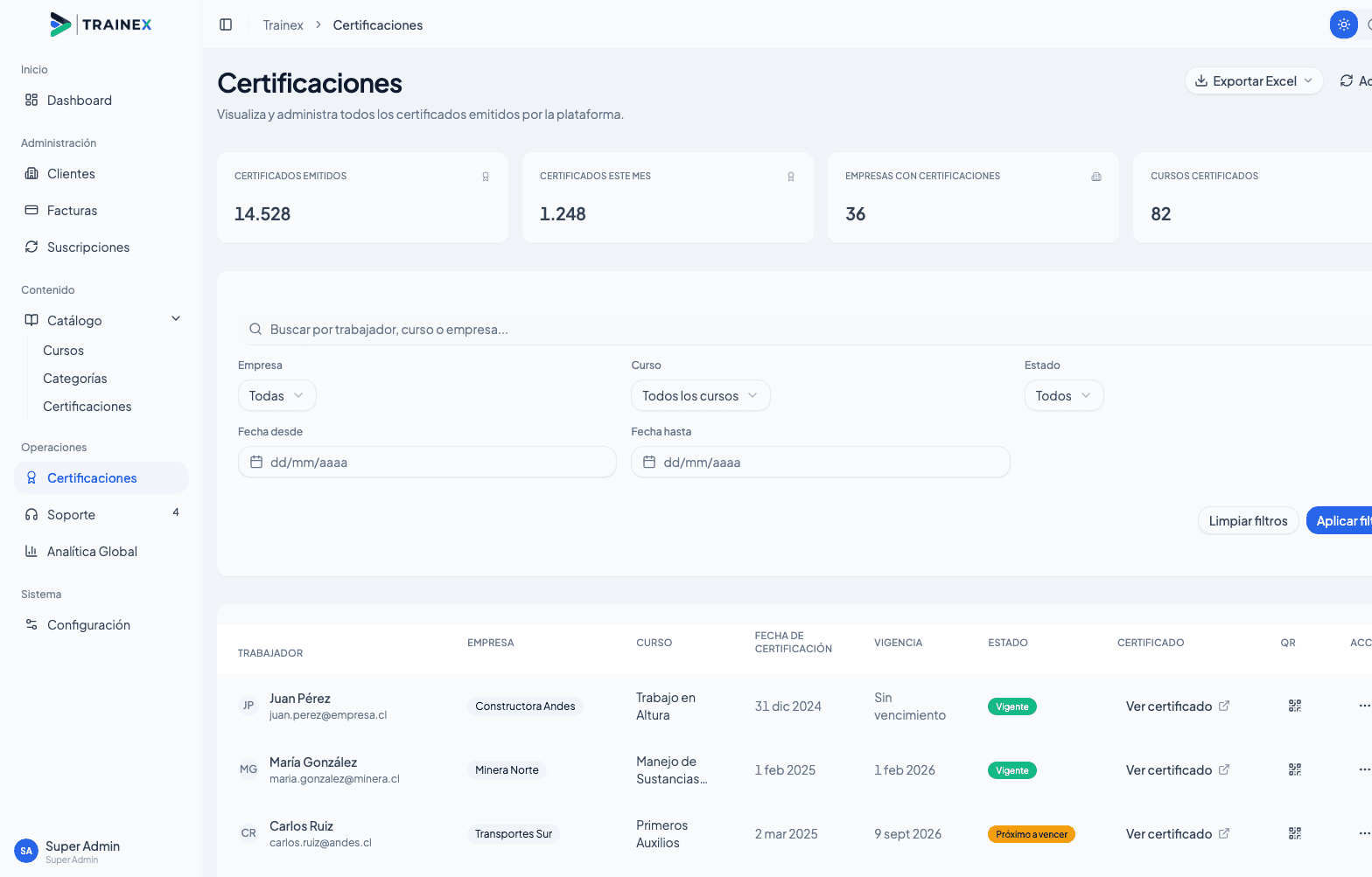 Pantalla de certificaciones TRAINEX con KPIs, filtros, tabla de certificados emitidos y acceso a validación QR.