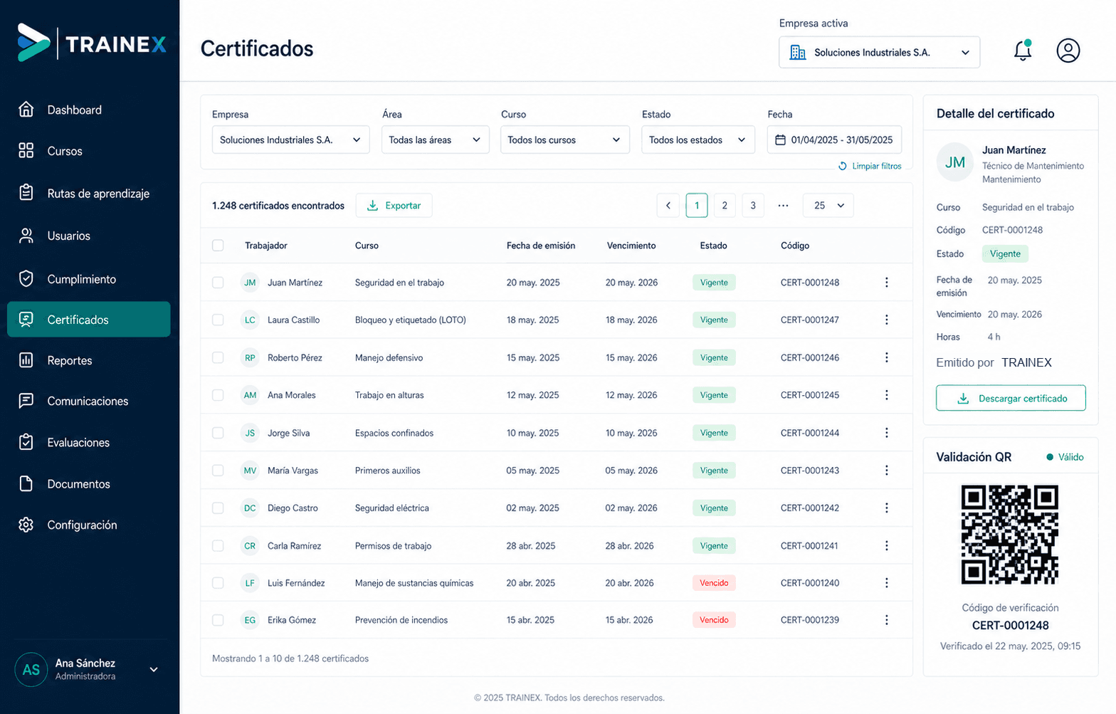 Pantalla de certificados TRAINEX con filtros, tabla de certificados, detalle del certificado y validación QR.